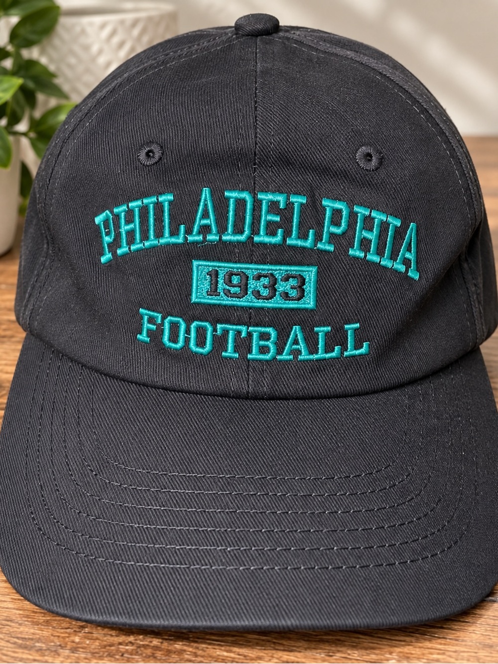 Black Baseball Cap with Teal Philadelphia 1933 Football Embroidery